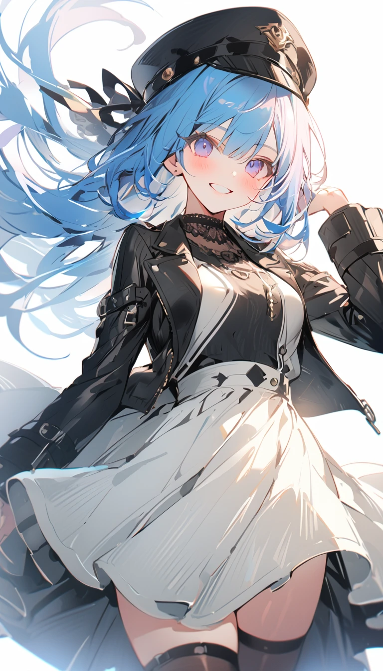 a female anime style drawing of a character in leather coat and stockings, 1girl, solo, long hair, smile, pink hair, breasts, long sleeves, black dress, looking at viewer, grin, dress, white background, blue hair, blush, black headwear, cowboy shot
