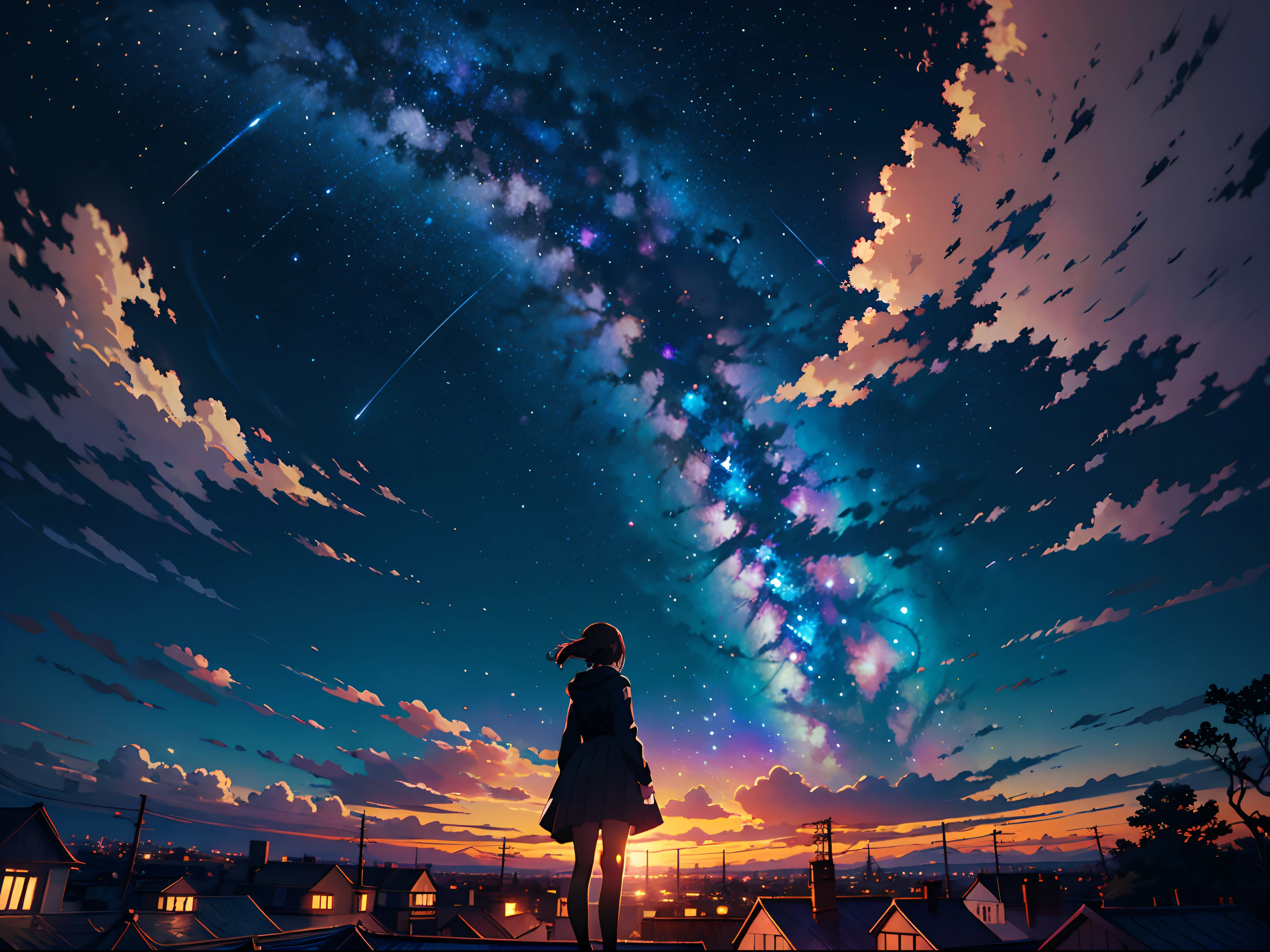 Anime girl standing on rooftop looking at night sky with stars and rainbow, Rainbow Starry Night, anime wallpaper 4k, anime wallpaper 4 k, 4k anime wallpaper, Anime art wallpaper 8k, anime art wallpaper 4k, anime art wallpaper 4k, anime style 4 k, makoto shinkai cyril rolando, 4 k manga wallpaper, anime wallpaper, amazing wallpapers, shooting stars