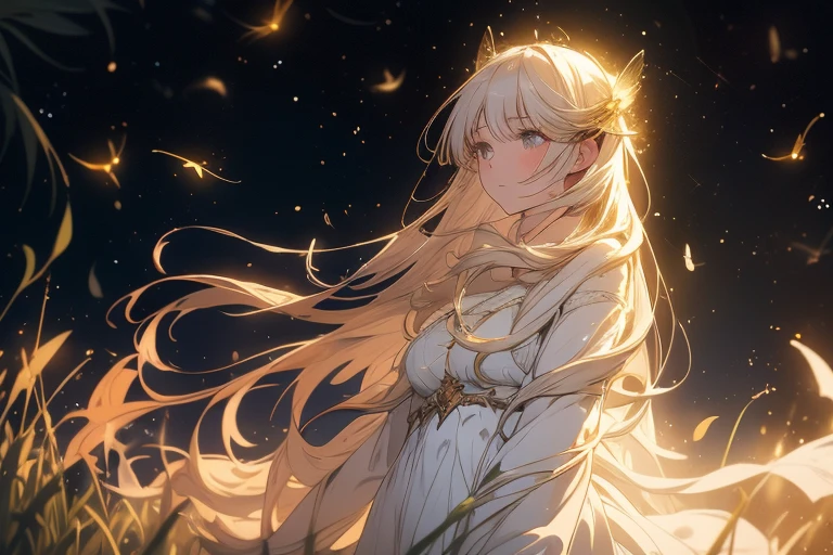 a young woman wich long, flowing hair in a long, flowing white dress, standing in a field of tall grass with fireflies surrounding her and is looking off into the distance with a serene expression on her face. The fireflies are glowing in the dark, creating a magical and mystical atmosphere. The overall effect of the image is one of enchantment and wonder.