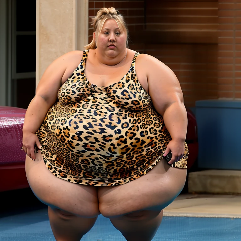 Ssbbw extremely morbidly obese solo Kaley Cuoco full body alone wearing a leopard dress