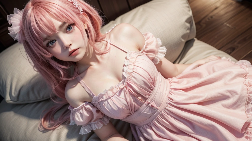 Beautiful super delicate girl wearing a Lolita dress with pink hair. 8K ultra-high image quality, delicate texture, fundo branco puro.