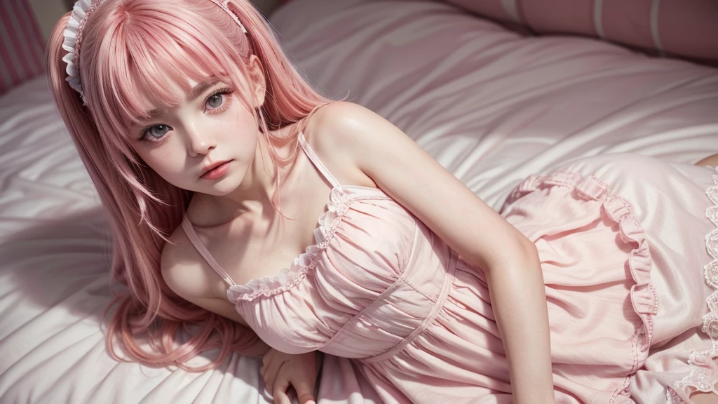 Beautiful super delicate girl wearing a Lolita dress with pink hair. 8K ultra-high image quality, delicate texture, fundo branco puro.