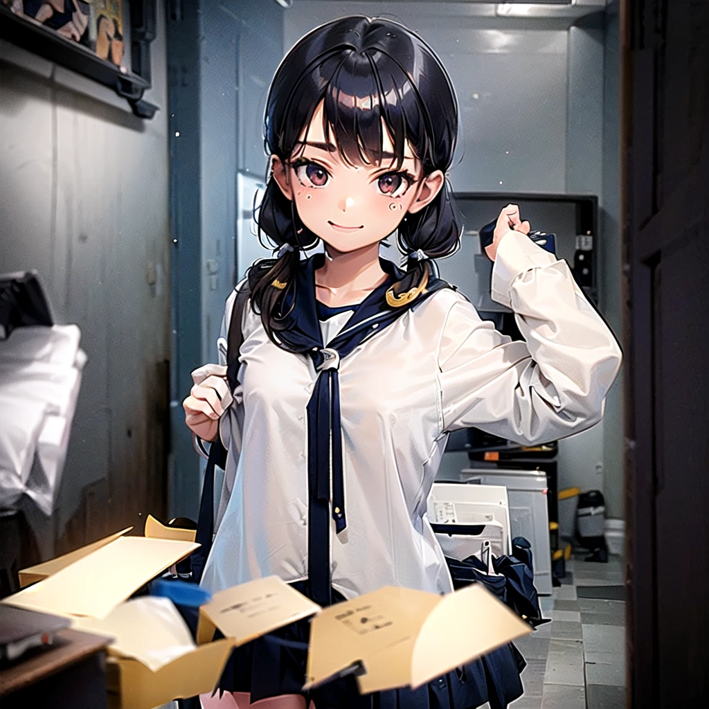 (best quality, masterpiece, high-resolution, detail),
a girl, ,
low pigtails, (low twin tails:1.2), black hair,
navy blue , sailor uniform,
front,
gentle smile,
((high school), school building on the back),