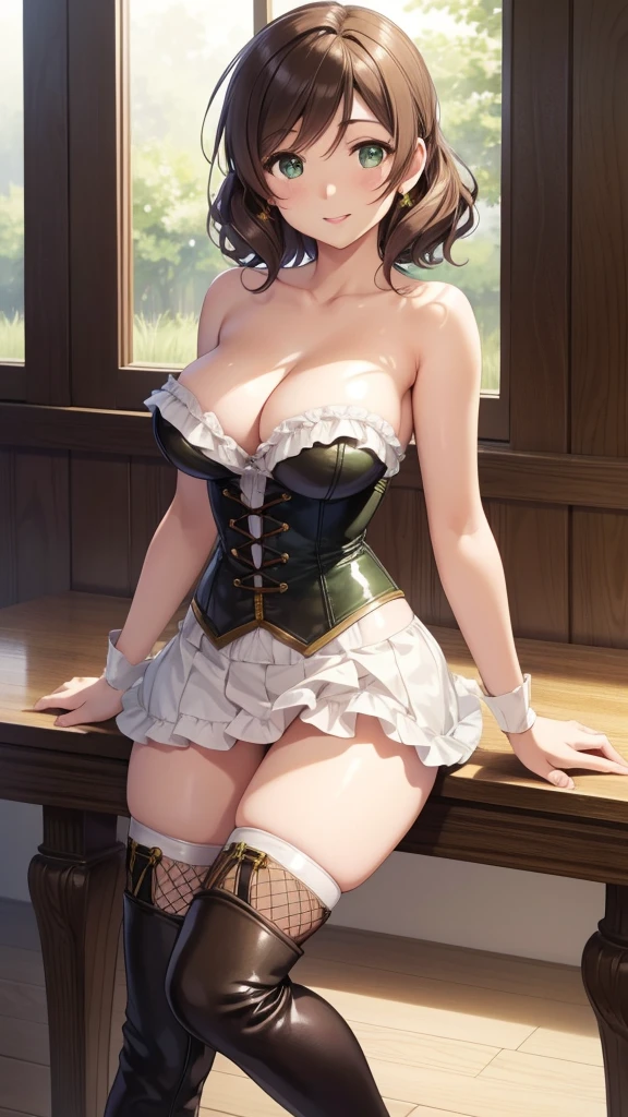nozomitoujou, nozomi toujou, green eyes, brown hair, short curly hair, breasts, masterpiece, best quality, high resolution, beautiful detailed eyes, extremely detailed face, good lighting, detailed CG, messy hair, glossy lips, light smile, strapless corset, fishnets, thigh boots