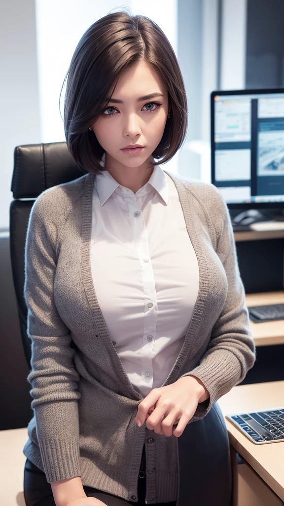 beautiful eyes, beautiful lips,(furrowed brow) , longeyelashes,(slender),((one-length haircut )),looking away,Cardigan,displeased, office lady, professional business attire, office setting, desk, computer,, (highres,masterpiece:1),detailed,(realistic,photorealistic,photo-realistic:1),HDR,UHD,studio lighting,ultra-fine painting,sharp focus,physically-based rendering,extreme detail description,professional,vivid colors,bokeh,intricate details,highly realistic,photorealistic portrait