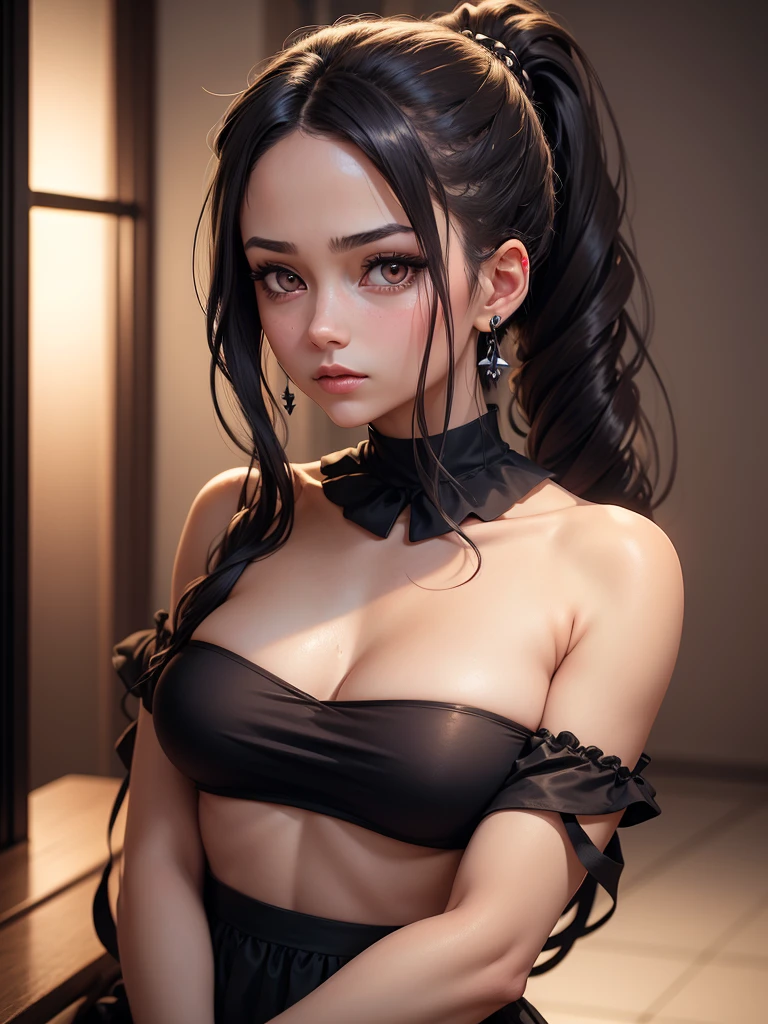 female character with long wavy dark hair tied in a high ponytail. She has large expressive eyes and is wearing a dark top with a choker-style neck and a scoop neckline that reveals part of her shoulders. She's adorned with earrings and is portrayed in a softly lit setting that creates a warm and moody atmosphere. The lighting casts distinct shadows across her face and body, adding to the ambiance of the image. The style appears to be influenced by anime or digital art aesthetics.