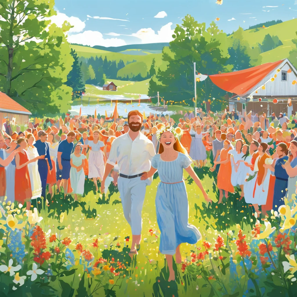 Create an illustration of a warm and festive scene from Midsommar.
