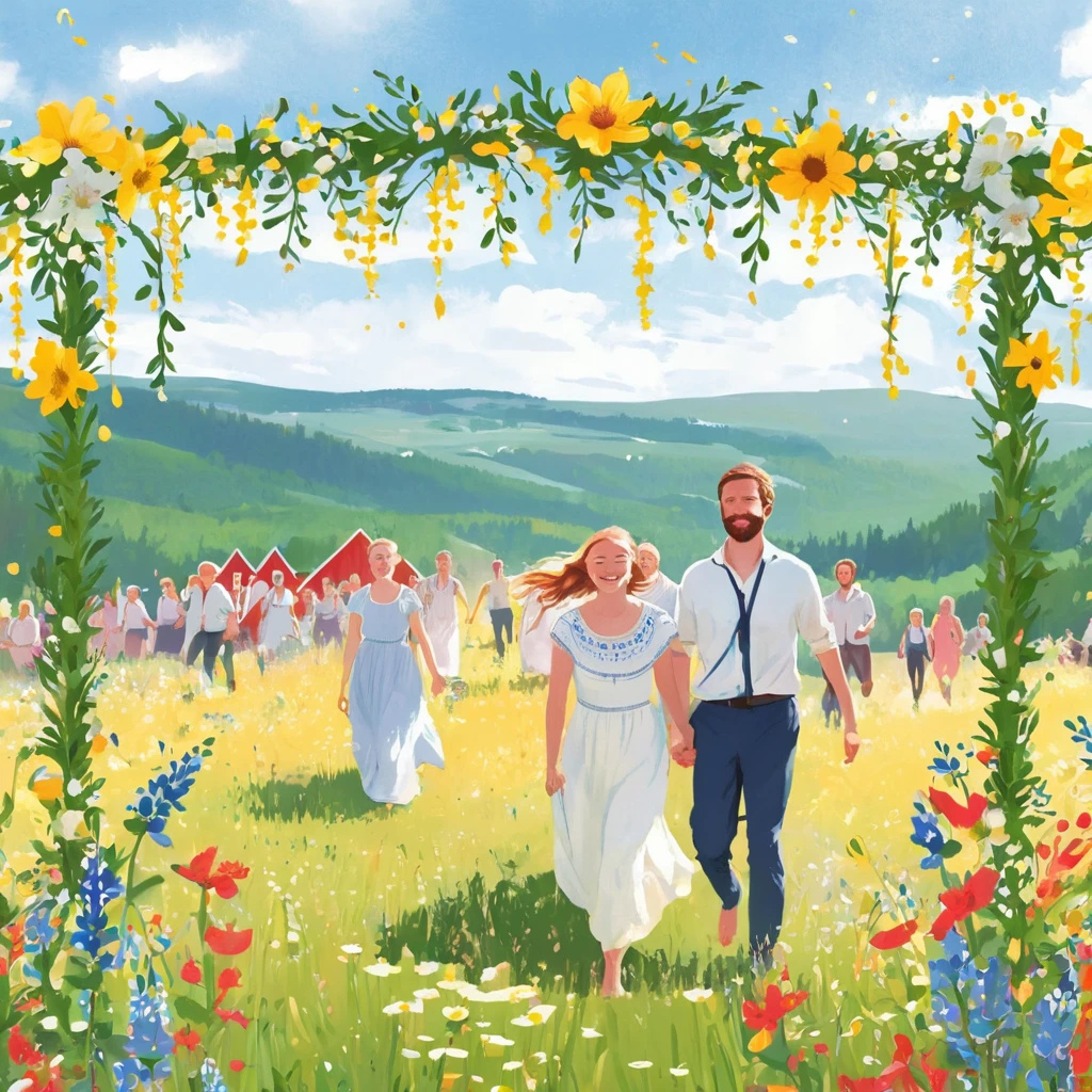 Create an illustration of a warm and festive scene from Midsommar.