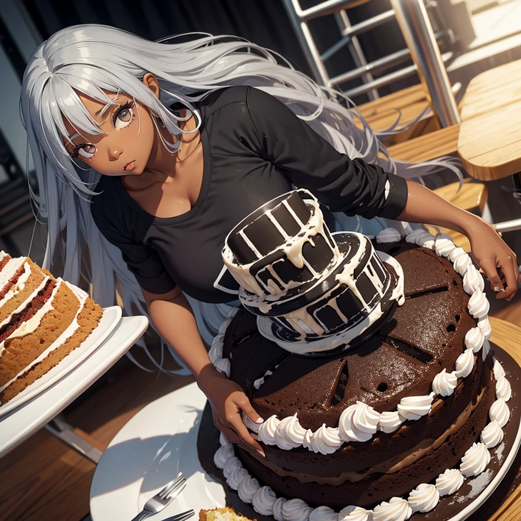 Black girl with long gray hair, gray eyes. thin lips fat body It floats in the cake cream