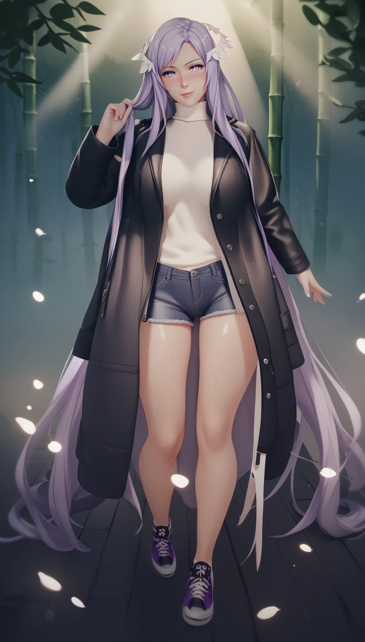 score_9, score_8_up, score_7_up, score_6_up, uncensored, quinella, absurdly long hair, purple eyes, long hair, parted bangs, purple hair, very long hair, hair ornament, horny face, blush face, lips, naughty face, shiny skin, sweating, steaming body, curvy, voluptuous, glowing eyes, 1girl, solo, pantyhose, standing, coat, full_body, looking_at_viewer, black_legwear, smile, casual, shoes, turtleneck, simple_background, jacket, tree, bamboo, forest, smoke, water drop, spotlight, bokeh, bootyshorts, sneakers,