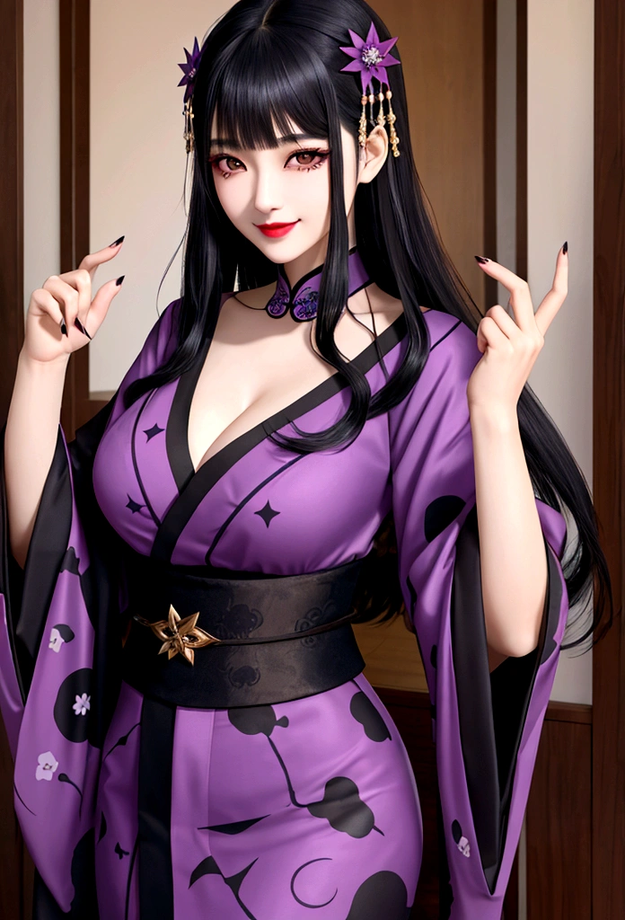goth woman, Cute, asian, medium breasts, brown eyes, slim eyebrows, long black hair, bangs, black makeup, dark purple kimono, smiling, star pattern,