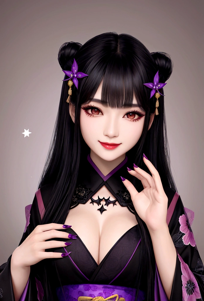 goth woman, Cute, asian, medium breasts, brown eyes, slim eyebrows, long black hair, bangs, black makeup, dark purple kimono, smiling, star pattern,