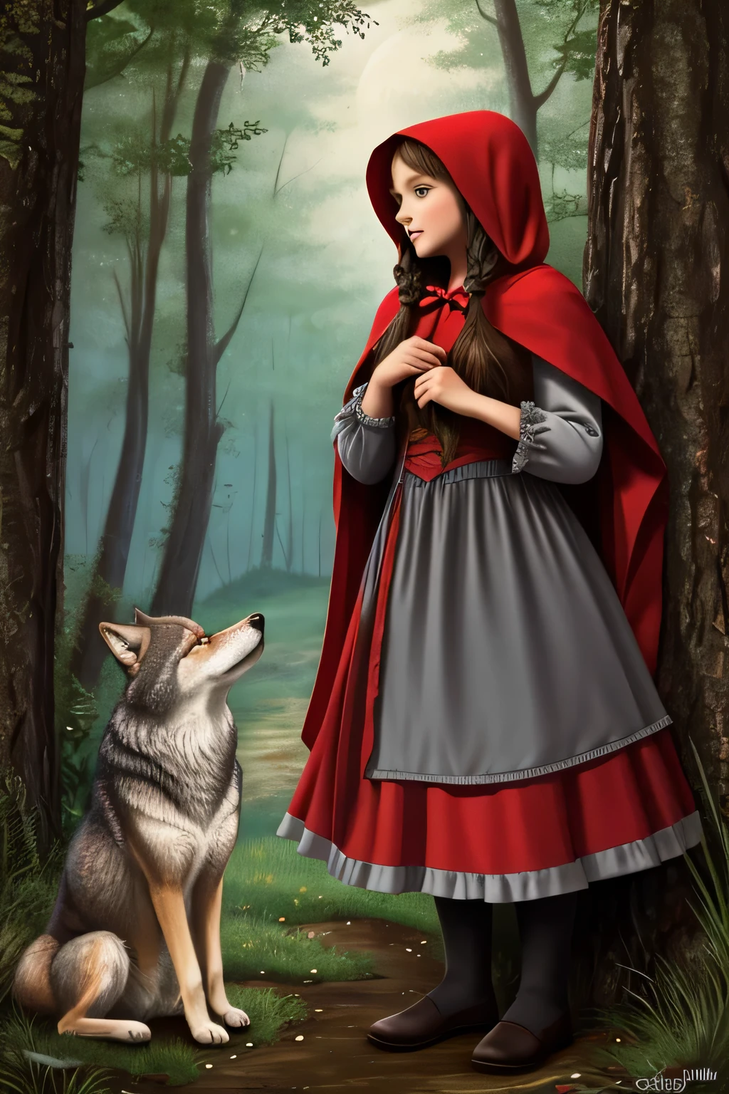 Illustration for the fairy tale Little Red Riding Hood and the Gray Wolf