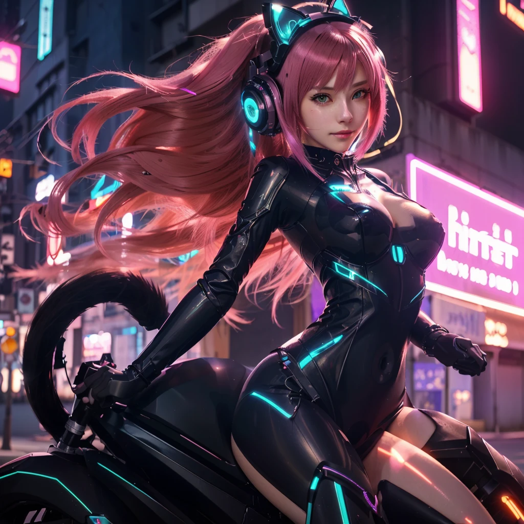 Anime girl in cat costume riding a motorcycle in a city., digital cyberpunk anime art, anime ciberpunk, cyberpunk anime girl, completely robotic!! cat girl, female cyberpunk anime girl, digital cyberpunk - anime art, anime cat girl, cyberpunk anime art, 4K anime style, best anime wallpaper 4k konachan, cyberpunk anime girl mech, beautiful anime cat girl
