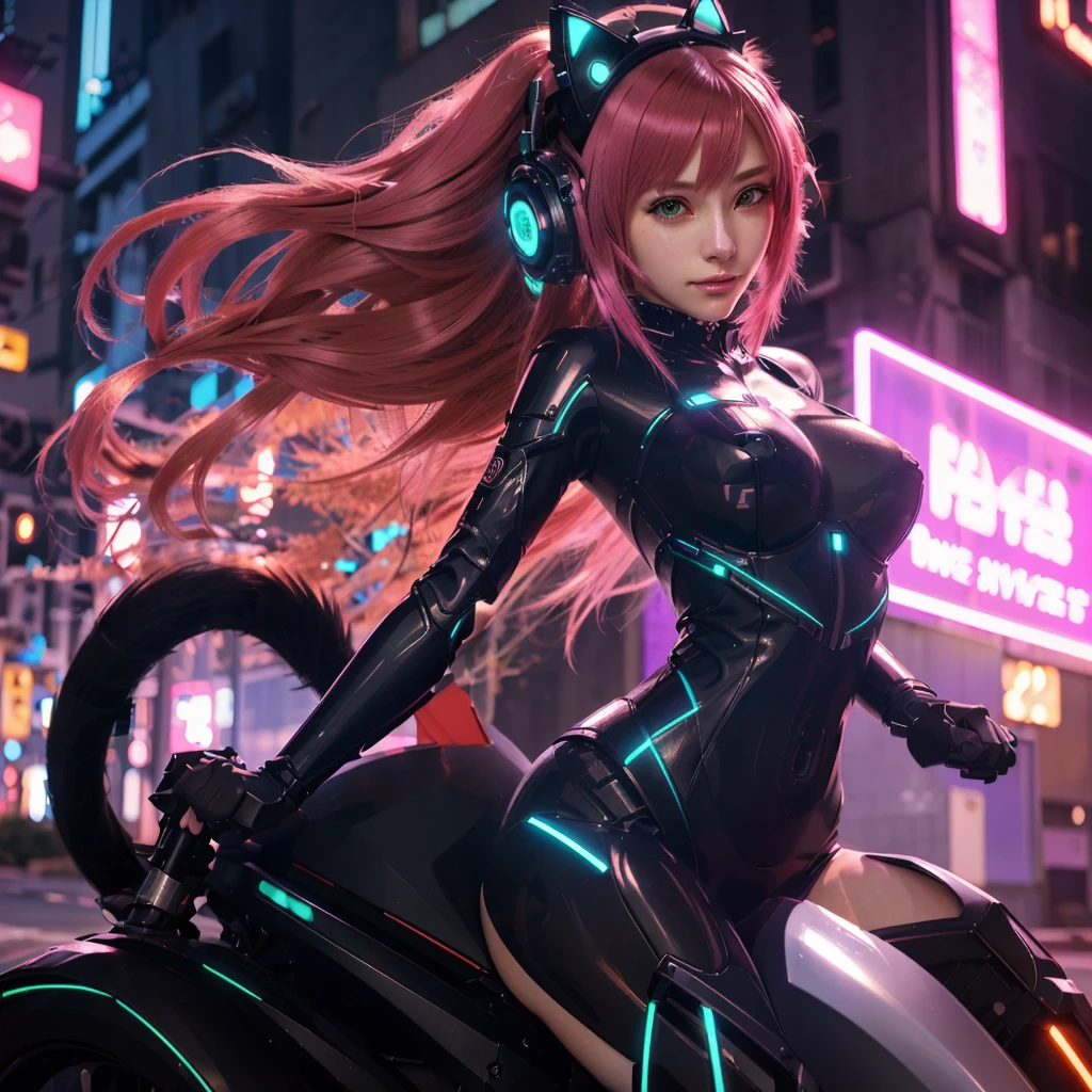 Anime girl in cat costume riding a motorcycle in a city., digital cyberpunk anime art, anime ciberpunk, cyberpunk anime girl, completely robotic!! cat girl, female cyberpunk anime girl, digital cyberpunk - anime art, anime cat girl, cyberpunk anime art, 4K anime style, best anime wallpaper 4k konachan, cyberpunk anime girl mech, beautiful anime cat girl