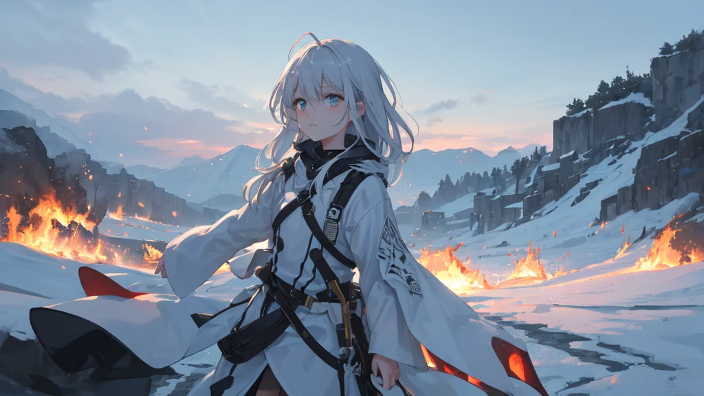 masterpiece:1.2), best quality , 独奏 ,pixiv, anime girl ,long straight white hair , black eyes ,Wearing off-white camouflage uniform ,ten years old,modern battlefield,(Eyes looking into the distance:1.3),(look away:1.5),snowy weather,dirty face,The background is a sea of fire with blood on the forehead,dirty face,Backlight,Bare rocky peaks ,Fierce flames are burning,The expression is sad,bullets flying,leave tears