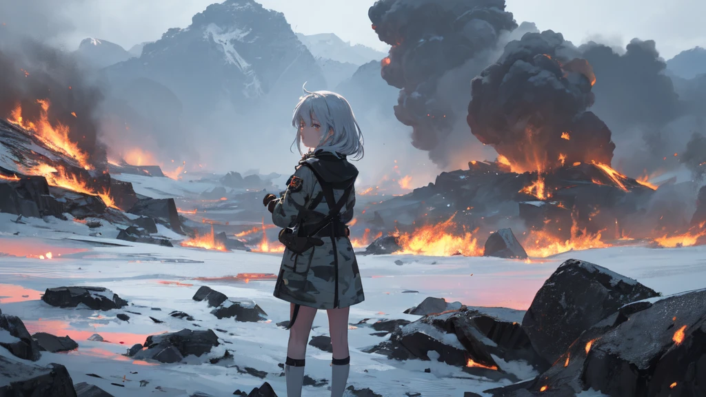 masterpiece:1.2), best quality , 独奏 ,pixiv, anime girl ，long straight white hair , black eyes ,Wearing off-white camouflage uniform ,ten years old，modern battlefield，(Eyes looking into the distance:1.3)，(look away:1.5)，snowy weather，dirty face，The background is a sea of fire with blood on the forehead，dirty face，Backlight，Bare rocky peaks ,Fierce flames are burning，The expression is sad，bullets flying，leave tears