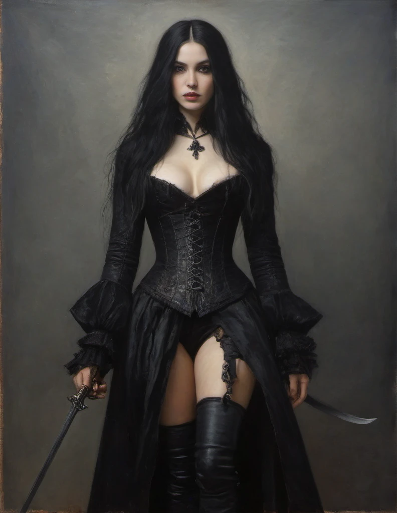 James Gurney, Surrealist art , dream-like, Mysterious, Provocative, symbolic, Complex, detailed,, (Gothic but very beautiful:1.4), (masterpiece, highest quality:1.4) , Nicola Samori Style, young girl with long black hair, gray eyes, pirate coat, corset, rapier