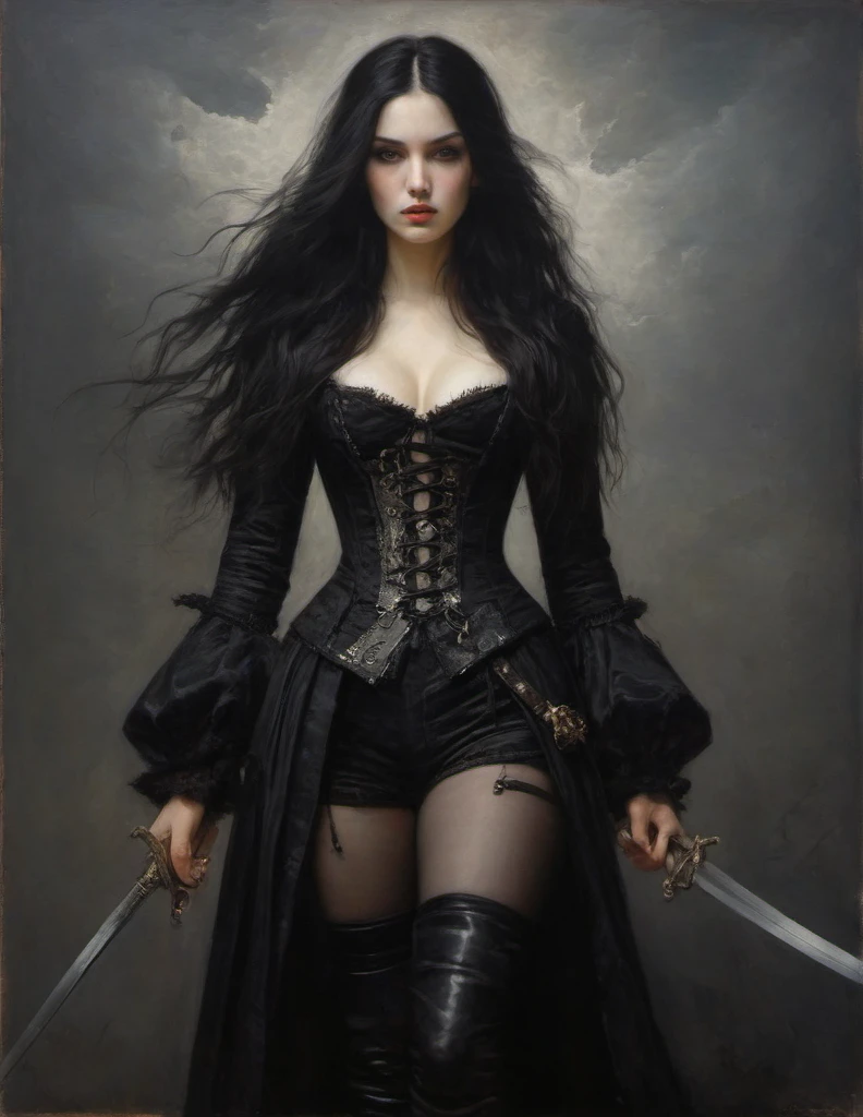 James Gurney, Surrealist art , dream-like, Mysterious, Provocative, symbolic, Complex, detailed,, (Gothic but very beautiful:1.4), (masterpiece, highest quality:1.4) , Nicola Samori Style, young girl with long black hair, gray eyes, pirate coat, corset, rapier