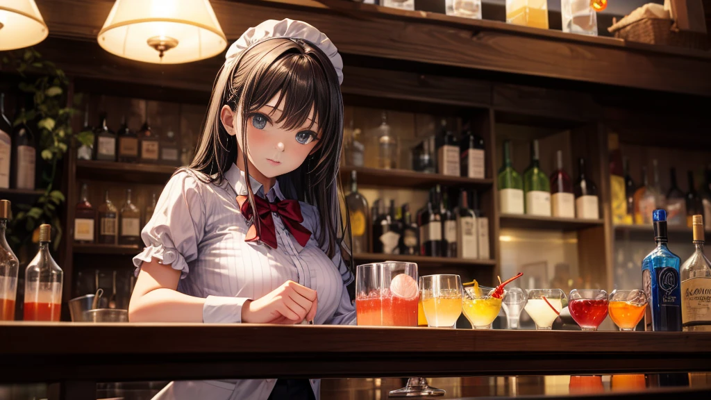 A woman drinking alone at a bar、Looking at me and smiling、