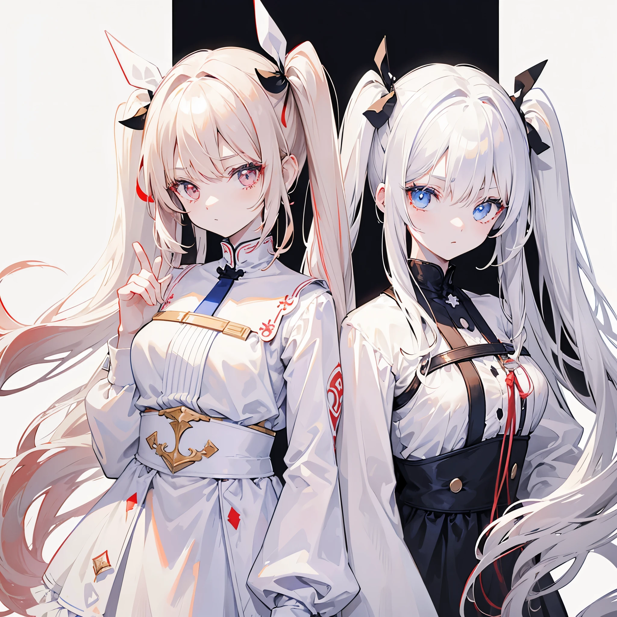 Two girls, red eyes and beige hair, blue eyes and white hair, twin tails, long hair, monochrome android, white background
