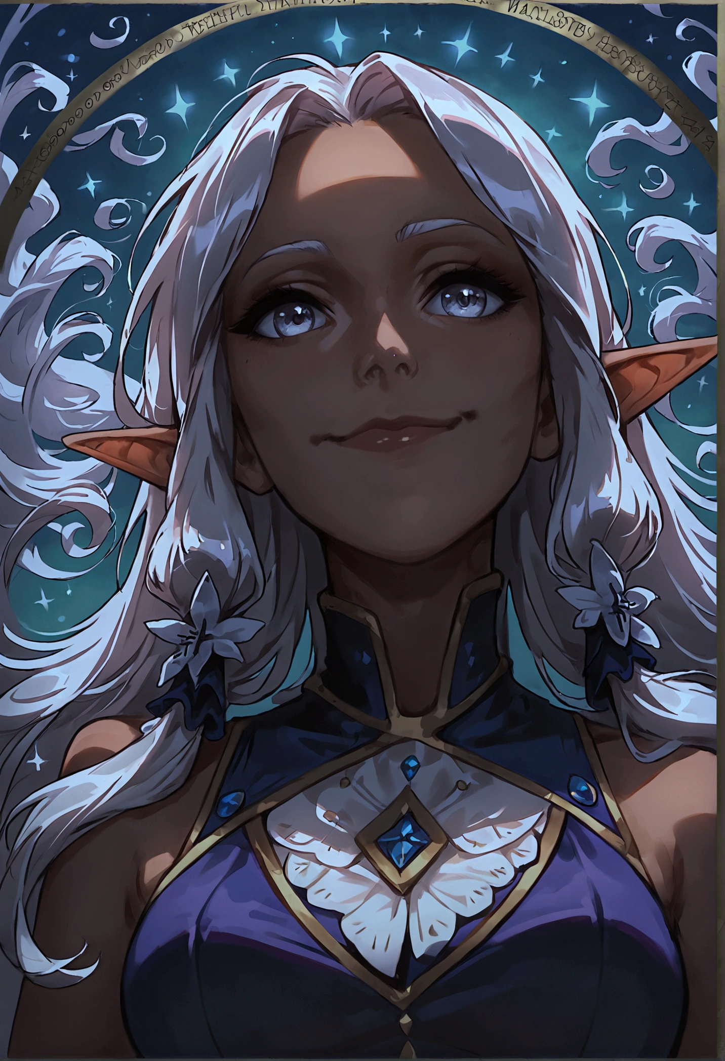 (SFW) elf, dark skin, white hair, mage, (good composition:1.5), reference sheet, (full body, from side, front:1.1), upper body, cartoon, 1woman, a magical dark elf, bright white hair, color theory, detailed, ((looking at viewer)), close on face, long hair, magical fashion, expressive eyes, detailed face, medium breasts, thin waist, long legs, mystical look, semi realistic, glowing magic effects, super happy, soft smile, fantastical, from below, looking up, medium mouth, silver eyes, score_9,score_8_up,score_7_up,very aesthetic, (masterpiece:1.4), portrait chest, (best quality), (colorful), (detailed), dramatic angle, unique perspective, unique angle, comic book angle and perspective, wide angle, color value correction.
