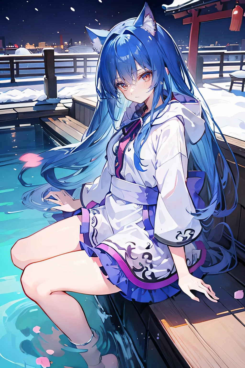 (masterpiece:1.2),Super detailed,lifelike,Expressive eyes,fair skin,perfect face shape,1 girl,
Japanese comics,Gorgeous blue hair,flowing blue hair,flowing clothes,Cat ears,Petals fall,beautiful lola,Baby Angel,
Shaking head with one hand,Cross your legs,Gentle and peaceful background,The pavilion is cool and comfortable,smile, wearing hoodie, background of tokyo,back views,snowing, winter,lie on the water.