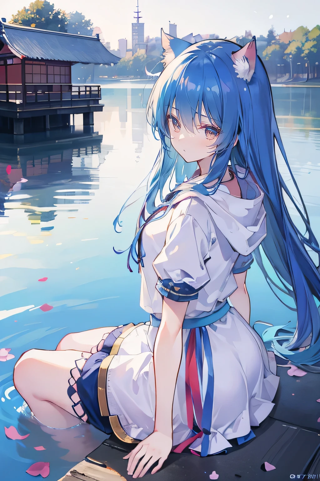 （masterpiece：1.2），Super detailed，lifelike，Expressive eyes，fair skin，perfect face shape，1 girl，
Japanese comics,Gorgeous blue hair,flowing blue hair,flowing clothes,Cat ears,Petals fall,beautiful lola,Baby Angel,
Shaking head with one hand，Cross your legs，Gentle and peaceful background，The pavilion is cool and comfortable,smile, wearing hoodie, background of tokyo,back views,snowing, winter,lie on the water.