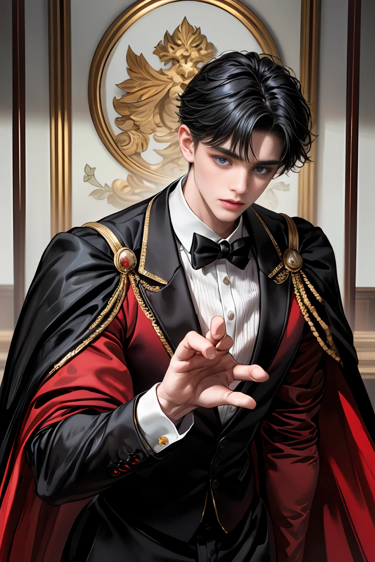 
masterpiece, 最high quality, high quality, 1 boy, alone, Male focus, Watching the audience,  Messy black hair, Adorable big blue eyes, White people, Noble, Noble,Sexy voluminous black and red cape、Tuxedo、A very voluminous, large, very large, very large, long, long red and black cape with a high stand-up collar, reaching down to the floor, made of a lot of fabric., 17 years old,Cute beautiful boys,Cute, cute, kind, handsome guy
