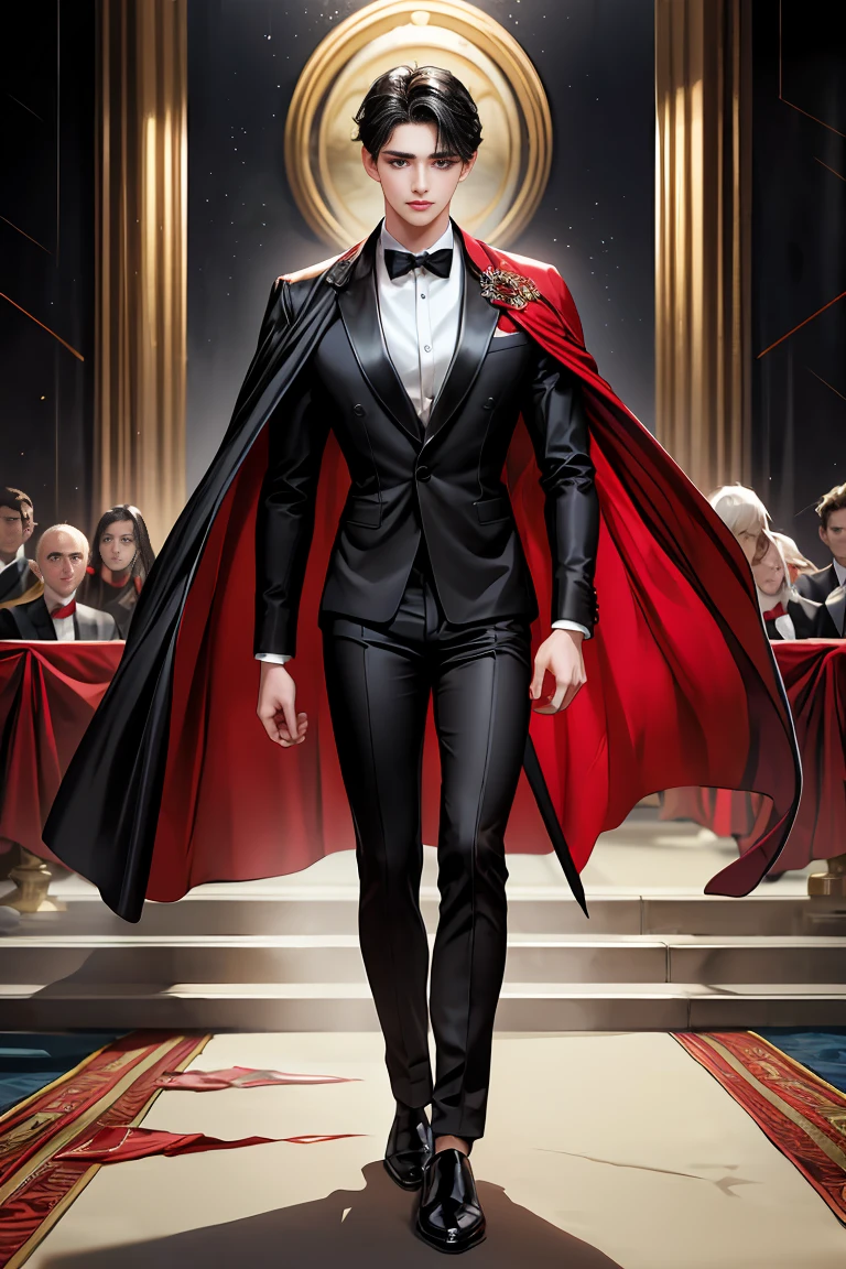 masterpiece, 最high quality, high quality, 1 boy, alone, Male focus, Watching the audience, Messy black hair, Adorable big blue eyes, White people, Noble, Noble,Sexy voluminous black and red cape、Tuxedo、A very voluminous, large, very large, very large, long, long red and black cape with a high stand-up collar, reaching down to the floor, made of a lot of fabric., ,Cute beautiful boys,Cute, cute, kind, handsome guy
