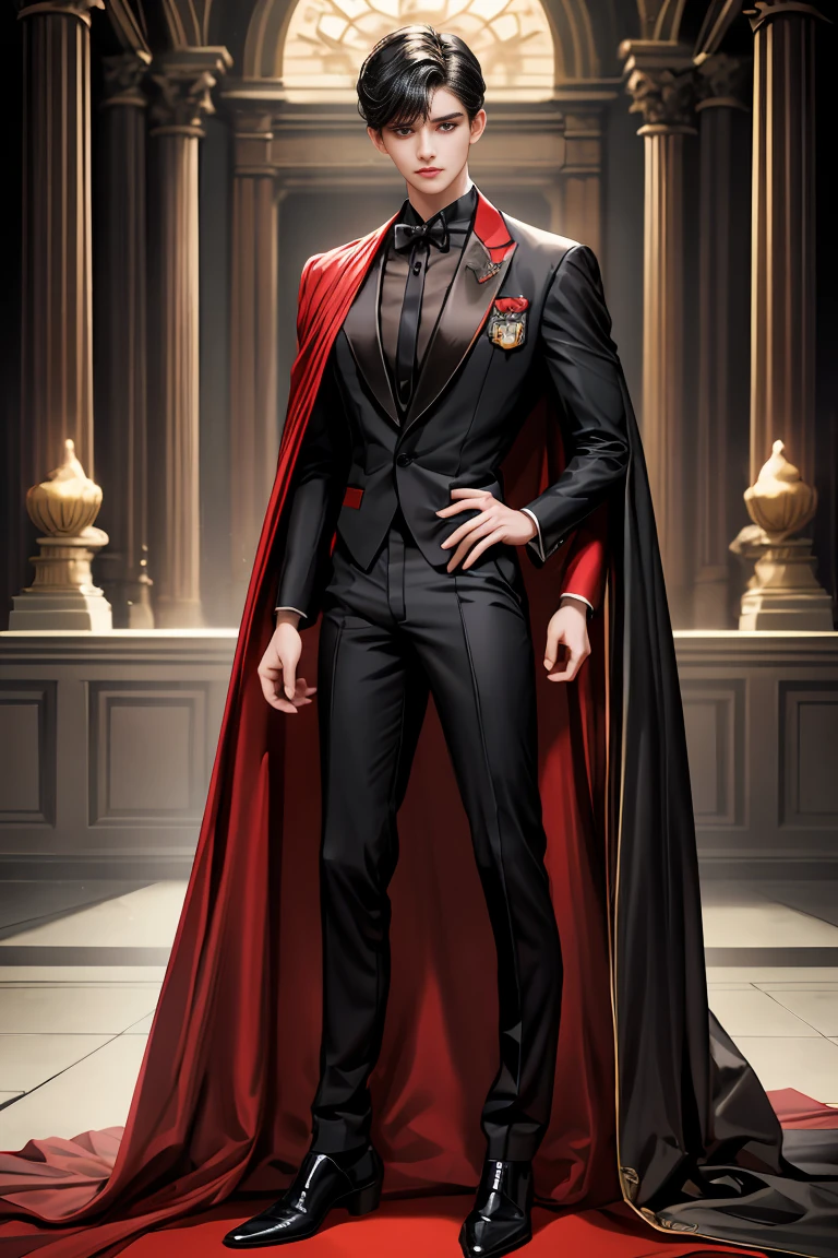 masterpiece, 最high quality, high quality, 1 boy, alone, Male focus, Watching the audience, Messy black hair, Adorable big blue eyes, White people, Noble, Noble,Sexy voluminous black and red cape、Tuxedo、A very voluminous, large, very large, very large, long, long red and black cape with a high stand-up collar, reaching down to the floor, made of a lot of fabric., 17 years old,Cute beautiful boys,Cute, cute, kind, handsome guy