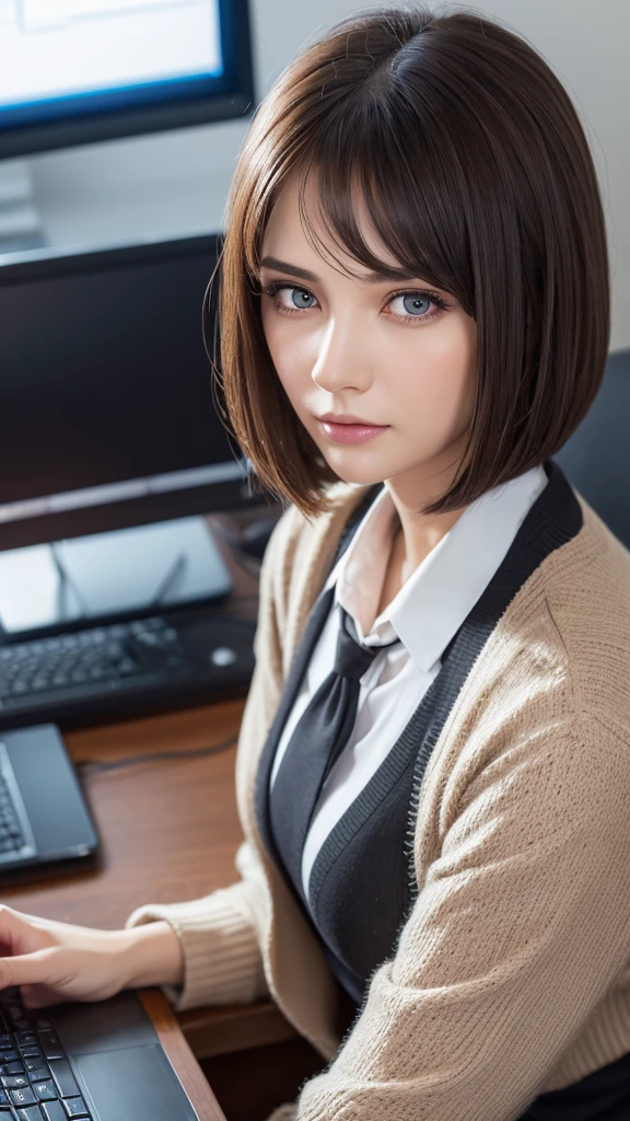beautiful eyes, beautiful lips,（furrowed brow） , longeyelashes,(slender),((one-length haircut )),looking away,Cardigan,displeased, office lady, professional business attire, office setting, desk, computer,, (highres,masterpiece:1),detailed,(realistic,photorealistic,photo-realistic:1),HDR,UHD,studio lighting,ultra-fine painting,sharp focus,physically-based rendering,extreme detail description,professional,vivid colors,bokeh,intricate details,highly realistic,photorealistic portrait