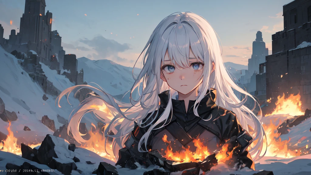 masterpiece:1.2), best quality , 独奏 ,pixiv, anime girl ，long straight white hair , black eyes ,Wearing off-white camouflage uniform ,ten years old，modern battlefield，(Eyes looking into the distance:1.3)，(look away:1.5)，snowy weather，dirty face，The background is a sea of fire with blood on the forehead，dirty face，Backlight，Bare rocky peaks ,Fierce flames are burning，The expression is sad，bullets flying，leave tears