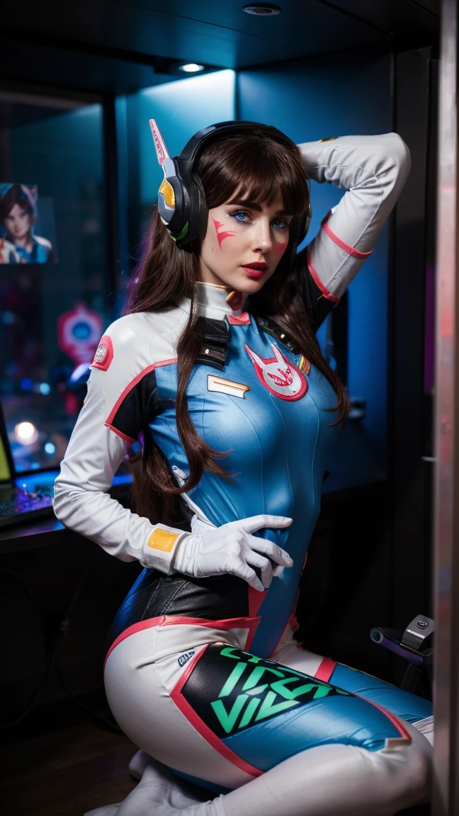 (masterpiece), (photorealistic1.4), (best quality), (European Model), (epiCRealLife), (Young Woman), (photorealistic), (red lipstick), (JenniferConnelly90s), (DVaOver full covered bodysuit),, (hair bangs), headphones,(face paint), (D.VA hairstyle), (D.VA overwatch costume), (bodysuit), (gloves), (facial mark), (spotlight), (ample light), (pose for pictures), (in a spacecraft), (night time), (at night), (flash photography)