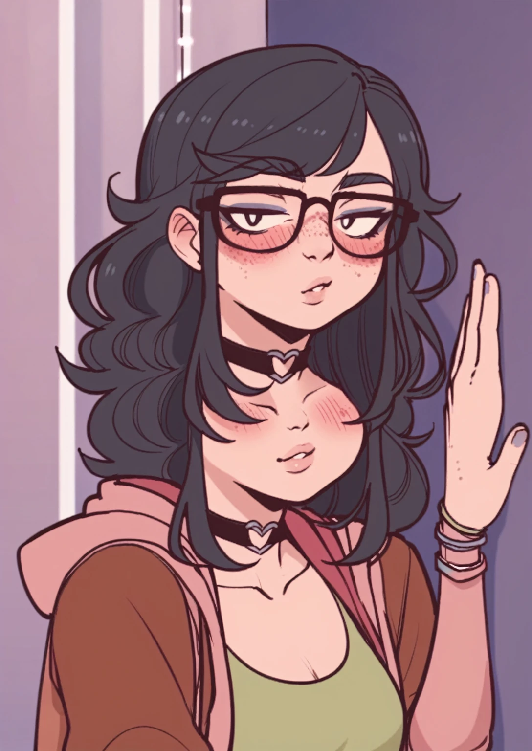 score_8_up, score_7_up, score_6_up, score_5_up, score_4_up, anime screenshot 1girl, solo, medium hair, black hair, cat years, no freckles, thin glasses, leaning against wall , upper body, looking at viewer, jacket, shirt, choker , looking at you, >:3, downturned eyes, kissing the screen, blushing, asian, fluffy hair