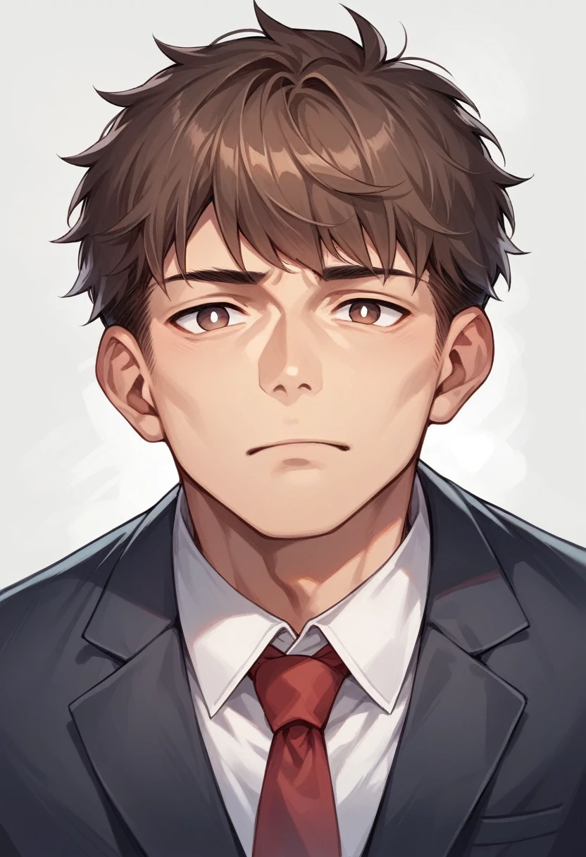 24-year-old boy, Warm Skin, The pupils are purple, Adult face, Head portrait, Brown Hair, short hair, Face focus, Adult, suit, Jacket, White shirt, tie, pants, Highest quality, Facial details.
