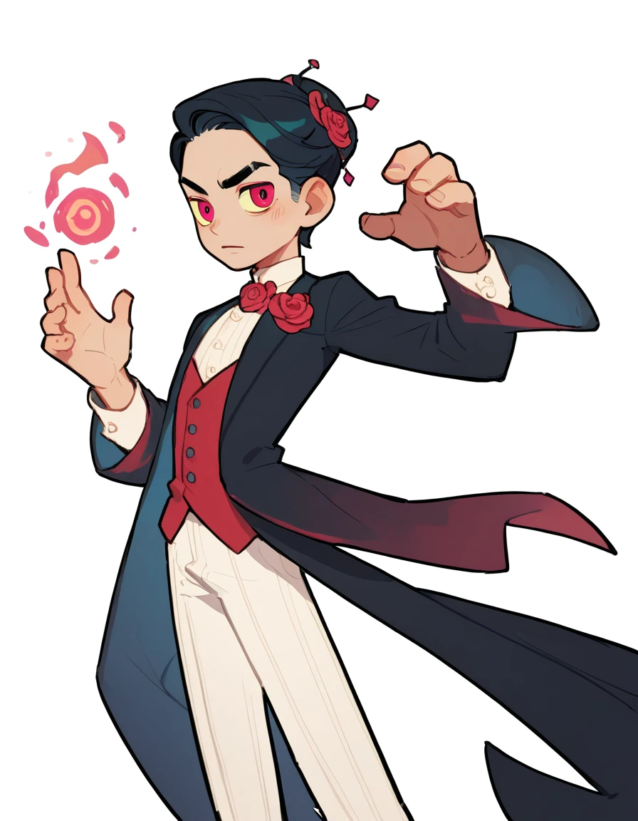 An evil young man, male adult, raising one hand, elegant, fancy clothes, white, male, magic eye medallion, tall, white background