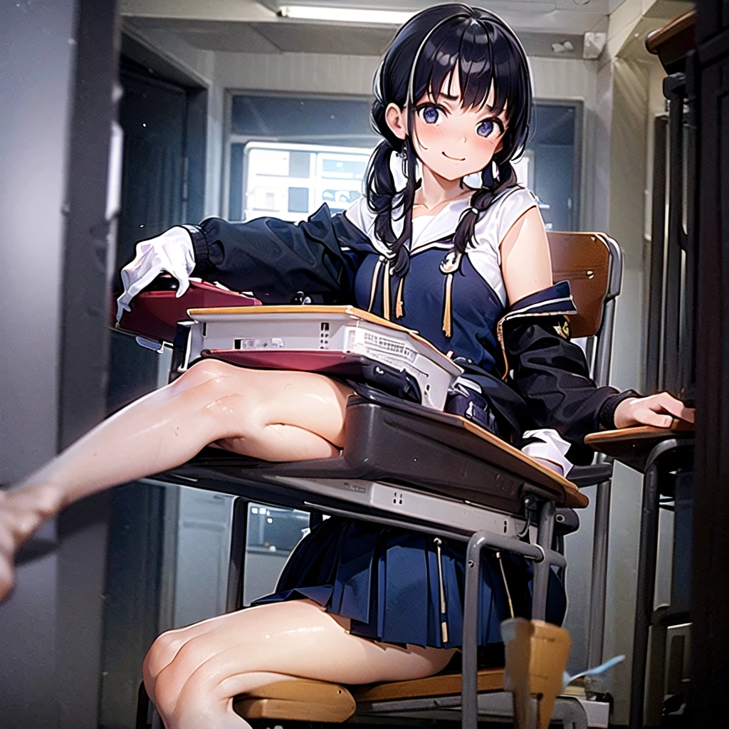 (best quality, masterpiece, high-resolution, detail),
a girl, ,
sitting in the classroom,
low pigtails, (low twin tails:1.2), black hair,
navy blue , sailor uniform,
front,
gentle smile,
(high school),