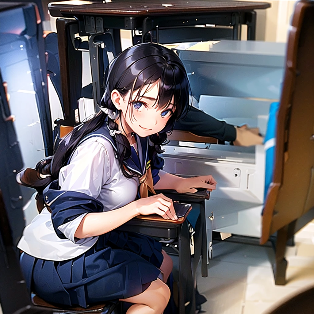 (best quality, masterpiece, high-resolution, detail),
a girl, 15yo,
sitting in the classroom,
low pigtails, (low twin tails:1.2), black hair,
navy blue , sailor uniform,
front,
gentle smile,
(high school),