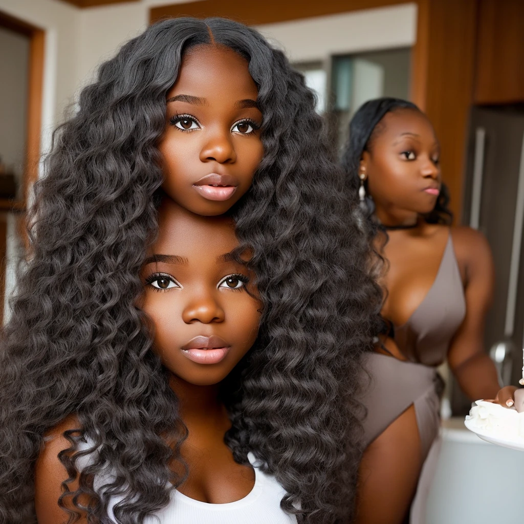 Black girl with long gray hair, gray eyes. thin lips fat body It floats in the cake cream