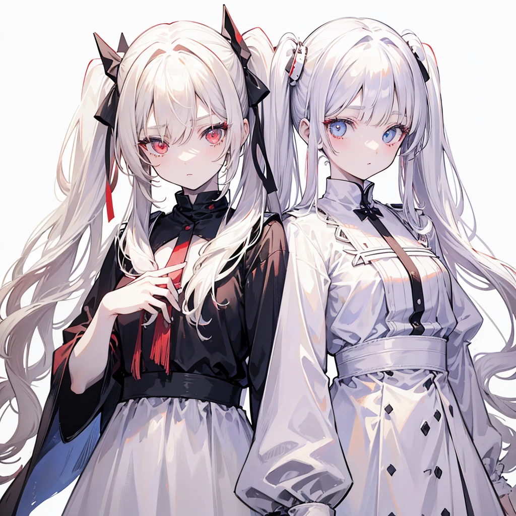 Two girls, red eyes and beige hair, blue eyes and white hair, twin tails, long hair, monochrome android, white background