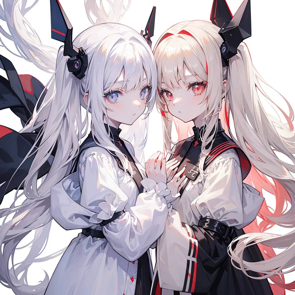 Two girls, red eyes and beige hair, blue eyes and white hair, twin tails, long hair, monochrome android, white background