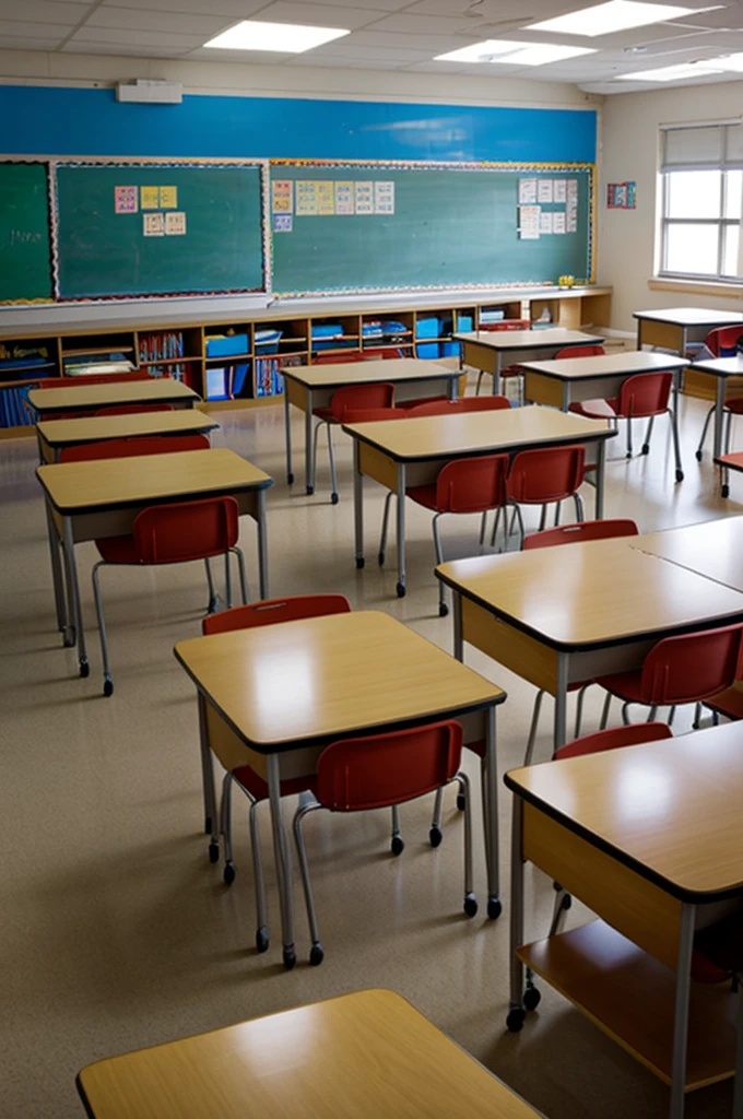The explosion of a school classroom while all the desks and chairs are floating in the air and everything is broken