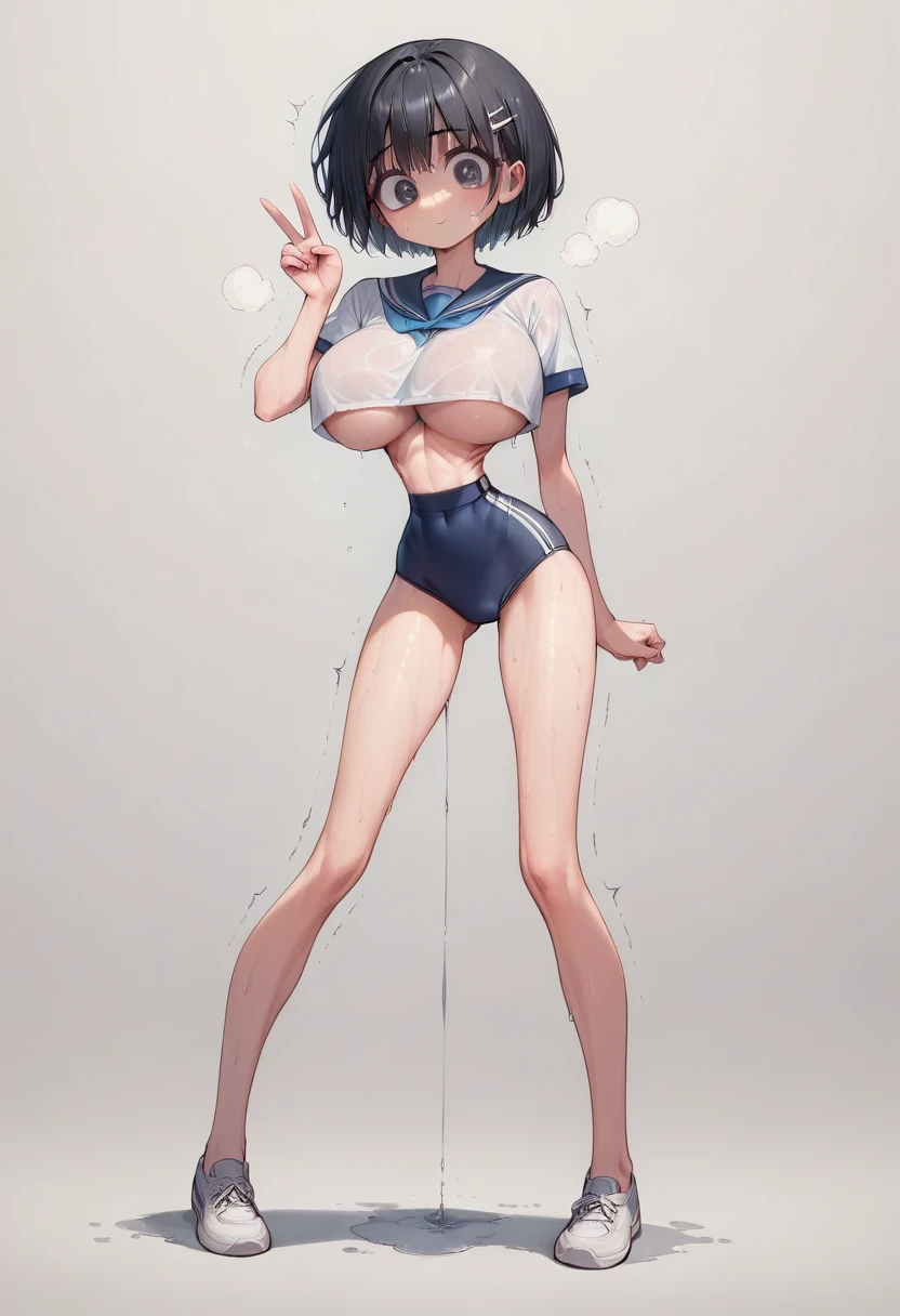 (masterpiece, best quality:1.2), Shader, High contrast, behind shot, 1girl, kawaii, (super big breasts, micro waist, very long legs:1.3), Black hair, short bob hair, short height, scrawny and thin body, Light Skin, cute big eyes, cute beautiful thin face, school gym buruma, pigeon-toed, wet and sweaty, visible ribs, V sign, Trembling