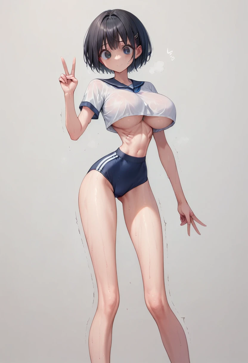 (masterpiece, best quality:1.2), Shader, High contrast, behind shot, 1girl, kawaii, (super big breasts, micro waist, very long legs:1.3), Black hair, short bob hair, short height, scrawny and thin body, Light Skin, cute big eyes, cute beautiful thin face, school gym buruma, pigeon-toed, wet and sweaty, visible ribs, V sign, Trembling