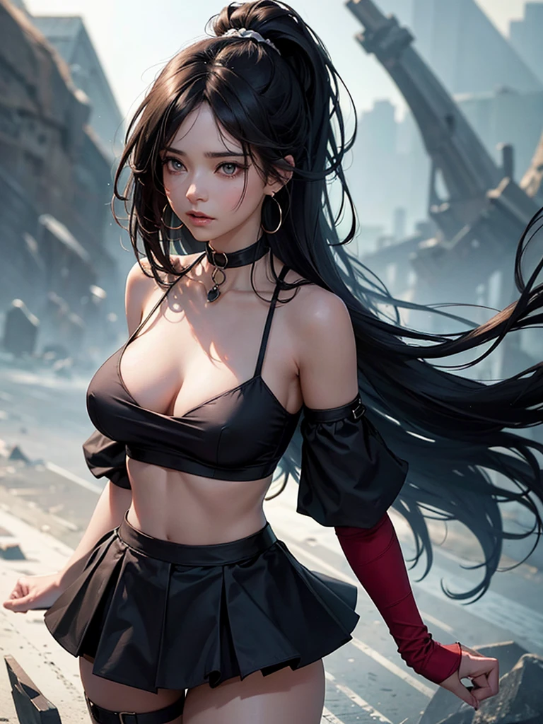 female character with long wavy dark hair tied in a high ponytail. She has large expressive eyes and is wearing a dark top with a choker-style neck and a scoop neckline that reveals part of her shoulders. She's adorned with earrings and is portrayed in a softly lit setting that creates a warm and moody atmosphere. The lighting casts distinct shadows across her face and body, adding to the ambiance of the image. The style appears to be influenced by anime or digital art aesthetics.