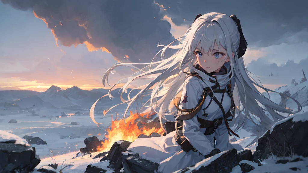 masterpiece:1.2), best quality , 独奏 ,pixiv, anime girl ，long straight white hair , black eyes ,Wearing off-white camouflage uniform ,ten years old，modern battlefield，(Eyes looking into the distance:1.3)，(look away:1.5)，snowy weather，dirty face，The background is a sea of fire with blood on the forehead，dirty face，Backlight，Bare rocky peaks ,Fierce flames are burning，The expression is sad，bullets flying，leave tears