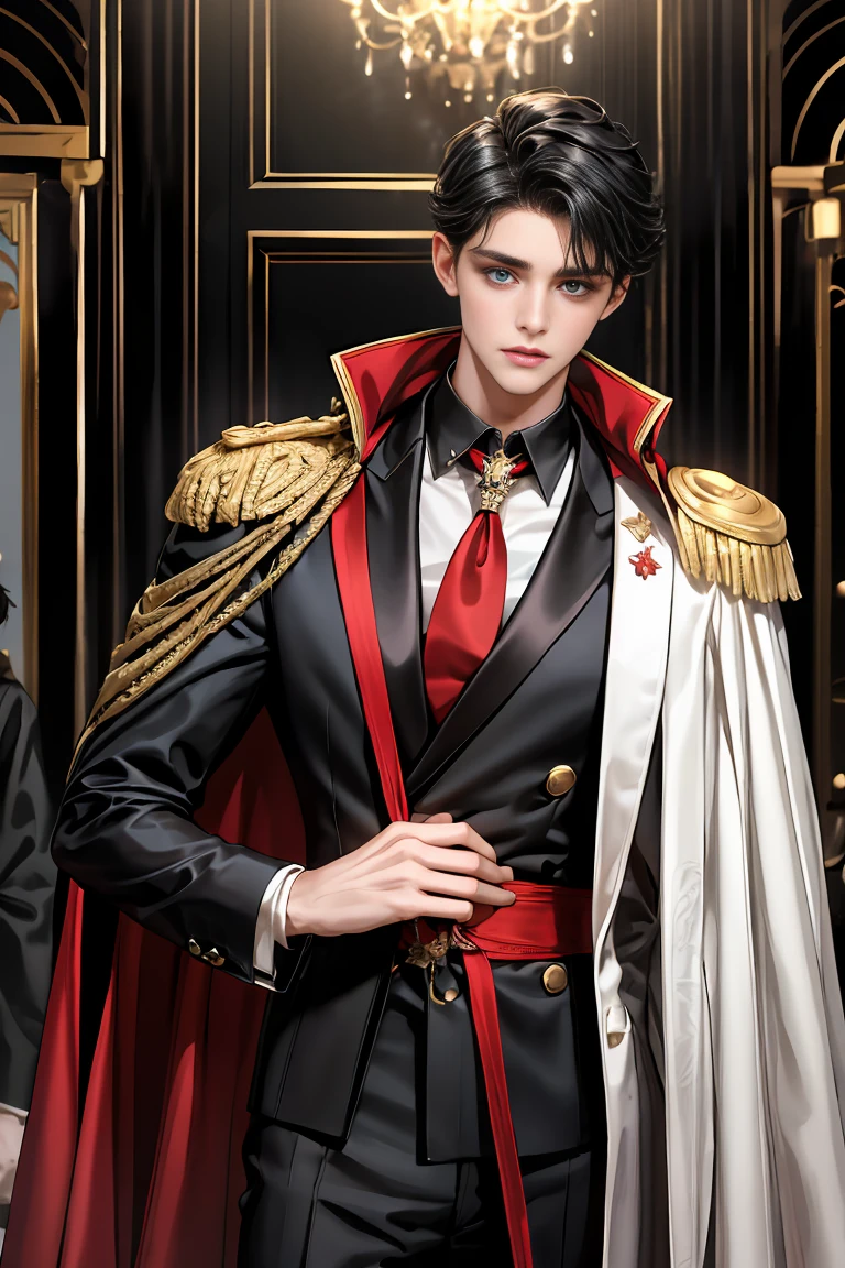 
masterpiece, 最high quality, high quality, 1 boy, alone, Male focus, Watching the audience,  Messy black hair, Adorable big blue eyes, White people, Noble, Noble,Sexy voluminous black and red cape、Tuxedo、A very voluminous, large, very large, very large, long, long red and black cape with a high stand-up collar, reaching down to the floor, made of a lot of fabric., 17 years old,Cute beautiful boys,Cute, cute, kind, handsome guy