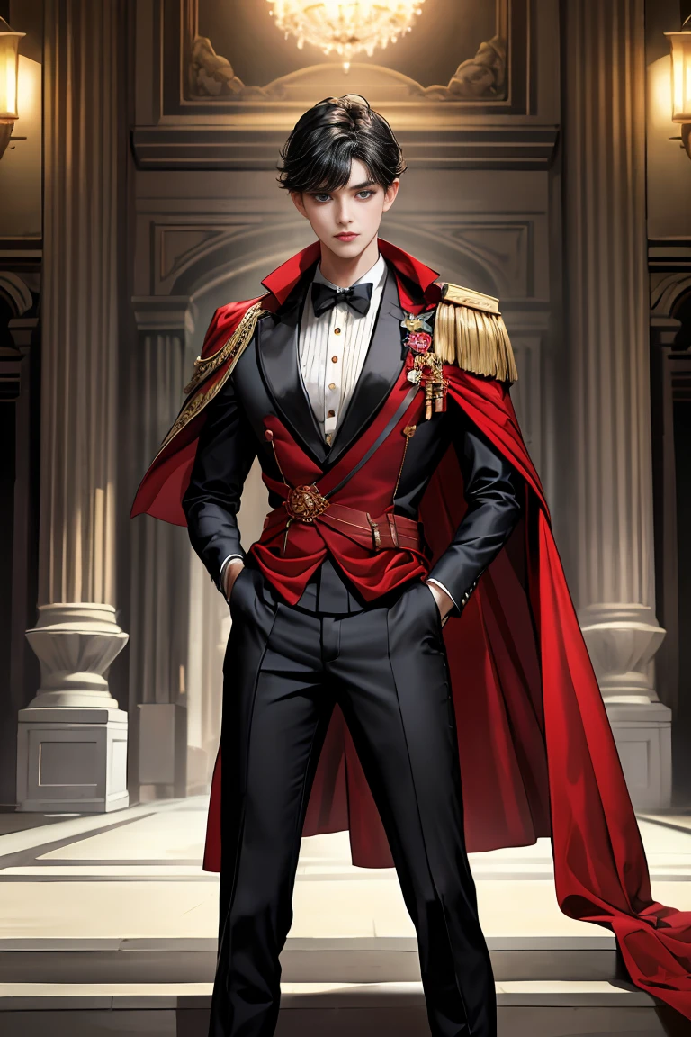 
masterpiece, 最high quality, high quality, 1 boy, alone, Male focus, Watching the audience,  Messy black hair, Adorable big blue eyes, White people, Noble, Noble,Sexy voluminous black and red cape、Tuxedo、A very voluminous, large, very large, very large, long, long red and black cape with a high stand-up collar, reaching down to the floor, made of a lot of fabric., 17 years old,Cute beautiful boys,Cute, cute, kind, handsome guy