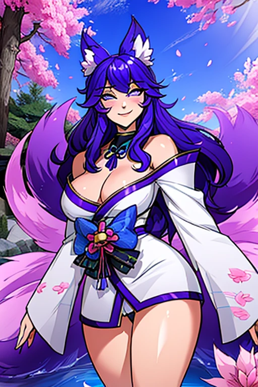 A purple haired nine tailed kitsune woman with purple eyes with purple fox ears and nine purple fox tails with an hourglass figure in a kimono is smiling in a flurry of cherry blossoms petals